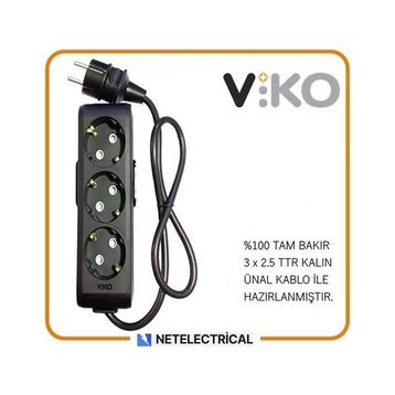 Viko Multi-Let 3'lü 3x2.5 5 m Öznur Kablo Tam Bakır Topraklı Çocuk Korumalı Siyah Antrasit Uzatma Grup Priz
