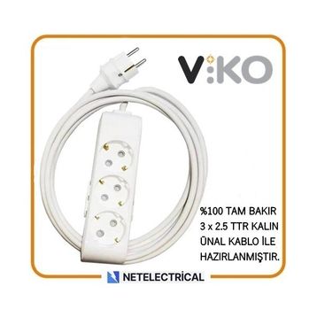 Viko Multi-Let 3'lü 3x2.5 6 m Öznur Kablo Tam Bakır Topraklı Çocuk Korumalı Uzatma Grup Priz