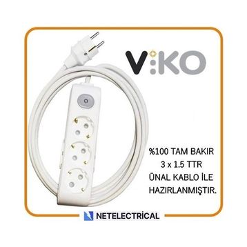 Viko Multi-Let 3'lü 3x2.5 7 m Öznur Kablo Tam Bakır Anahtarlı Topraklı Çocuk Korumalı Uzatma Grup Priz