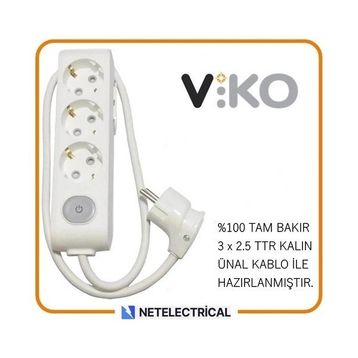 Viko Multi-Let 3'lü 3x2.5 7 m Öznur Kablo Tam Bakır Anahtarlı Topraklı Çocuk Korumalı Uzatma Grup Priz
