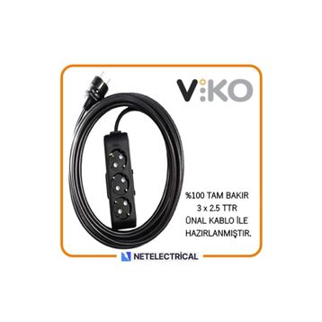 Viko Multi-Let 3'lü 3x2.5 7 m Öznur Kablo Tam Bakır Topraklı Çocuk Korumalı Siyah Antrasit Uzatma Grup Priz