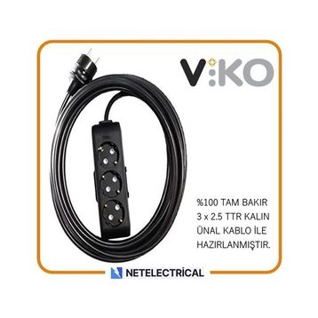 Viko Multi-Let 3'lü 3x2.5 8 m Öznur Kablo Tam Bakır Topraklı Çocuk Korumalı Siyah Antrasit Uzatma Grup Priz