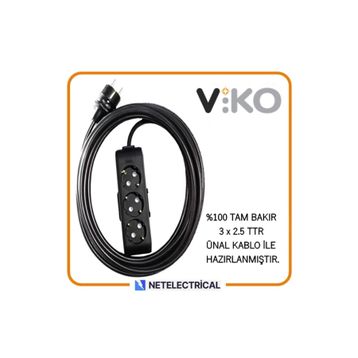 Viko Multi-Let 3'lü 3x2.5 8 m Öznur Kablo Tam Bakır Topraklı Çocuk Korumalı Siyah Antrasit Uzatma Grup Priz