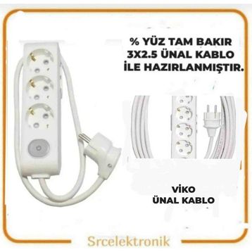 Viko Multi-Let 3'lü Ünal Kablo 3x2.5 8 m Anahtarlı Topraklı Çocuk Korumalı Uzatma