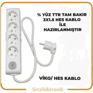 Viko Multi-Let 4'lü 3x1.5 12 m Hes Kablo Tam Bakır Anahtarlı Topraklı Çocuk Korumalı Uzatma