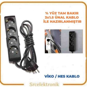 Viko Multi-Let 4'lü 3x1.5 15 m Siyah Anahtarlı Topraklı Çocuk Korumalı Uzatma