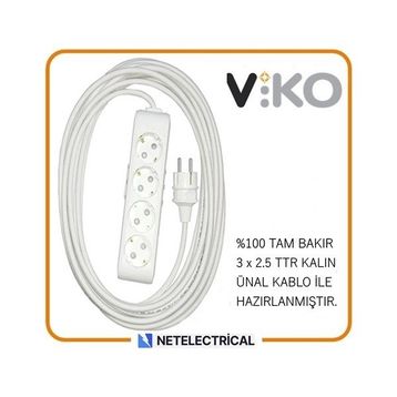 Viko Multi-Let 4'lü 3x2.5 20 m Öznur Kablo Tam Bakır Topraklı Çocuk Korumalı Uzatma Grup Priz