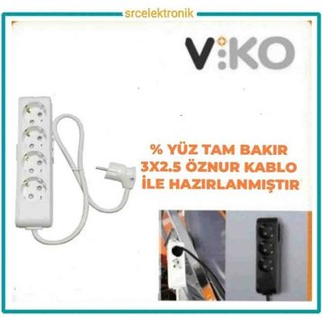 Viko Multi-Let 4'lü 3x2.5 4 m Öznur Kablo Tam Bakır Topraklı Çocuk Korumalı Uzatma Grup Priz