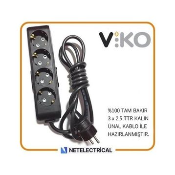 Viko Multi-Let 4'lü 3x2.5 7 m Öznur Kablo Tam Bakır Topraklı Çocuk Korumalı Uzatma Grup Priz