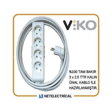 Viko Multi-Let 4'lü 3x2.5 8 m Öznur Kablo Tam Bakır Topraklı Çocuk Korumalı Uzatma Grup Priz
