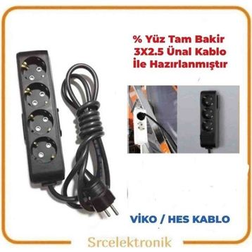 Viko Multi-Let 4'lü Siyah 3x2.5 3 m Ünal Kablo Topraklı Çocuk Korumalı Uzatma