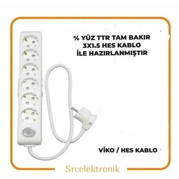 Viko Multi-Let 5'li 3x1.5 6 m Hes Kablo Tam Bakır Anahtarlı Topraklı Çocuk Korumalı Uzatma