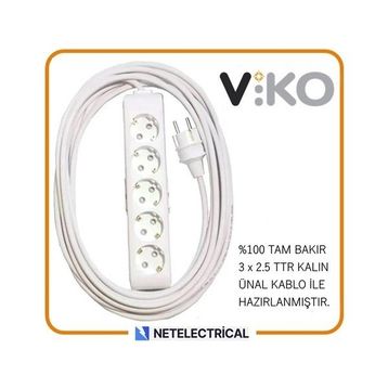 Viko Multi-Let 5'li 3x2.5 10 m Öznur Kablo Tam Bakır Topraklı Çocuk Korumalı Uzatma Grup Priz