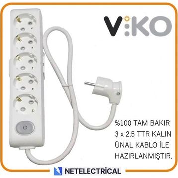 Viko Multi-Let 5'li 3x2.5 12 m Öznur Kablo Tam Bakır Anahtarlı Topraklı Çocuk Korumalı Uzatma Grup Priz