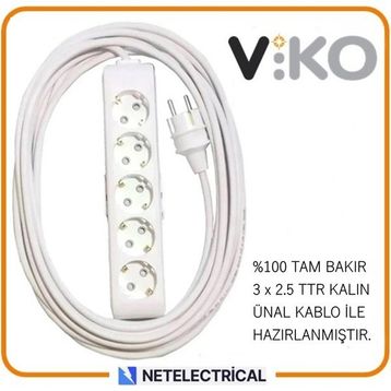 Viko Multi-Let 5'li 3x2.5 25 m Öznur Kablo Tam Bakır Topraklı Çocuk Korumalı Uzatma Grup Priz