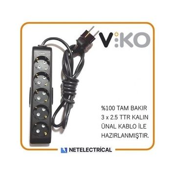 Viko Multi-Let 5'li 3x2.5 3 m Öznur Kablo Tam Bakır Topraklı Çocuk Korumalı Uzatma Grup Priz