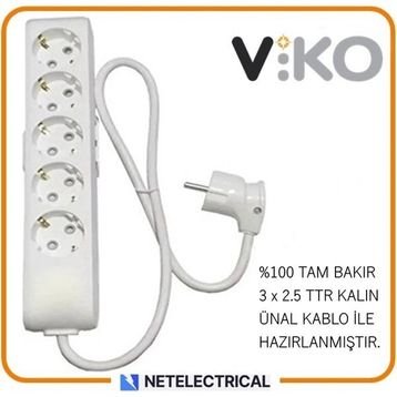 Viko Multi-Let 5'li 3x2.5 6 m Öznur Kablo Tam Bakır Topraklı Çocuk Korumalı Uzatma Grup Priz
