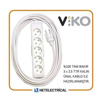 Viko Multi-Let 5'li 3x2.5 7 m Öznur Kablo Tam Bakır Topraklı Çocuk Korumalı Uzatma Grup Priz