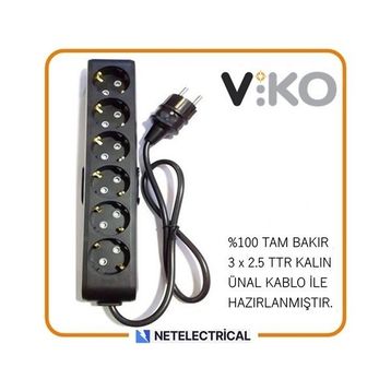 Viko Multi-Let 6'lı 3x2.5 7 m Öznur Kablo Tam Bakır Topraklı Çocuk Korumalı Uzatma Grup Priz