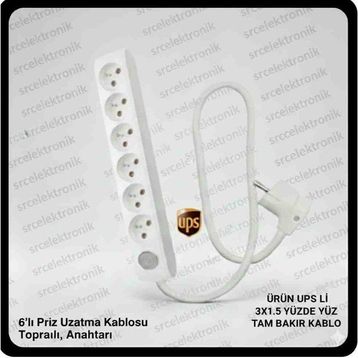 Viko Multi-Let UPS 6'lı Beyaz 3x1.5 8 m Hes Kablo Tam Bakır Anahtarlı Topraklı Çocuk Korumalı Uzatma