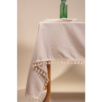 Vivamaison Bej Renkli Pamuk Ponponlu 160x220 cm Masa Örtüsü