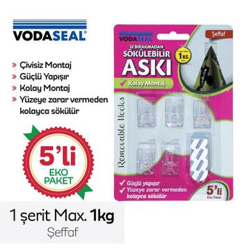 Vodaseal Şeffaf 5'li Max 1kg İz Bırakmadan Sökülebilir Askı
