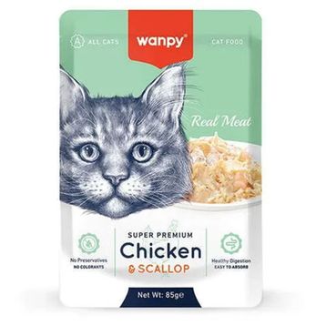 Wanpy 85 gr Super Premium Pouch Tavuklu ve Deniz Taraklı Yaş Kedi Maması