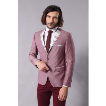 Wessi C-58950-26-80 Yaka Ve Cep Ekose Garnili Bordo Ceket