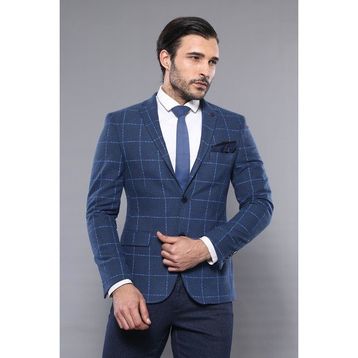 Wessi C-58Y-51-23 Ekose Lacivert Slim Fit Kışlık Ceket