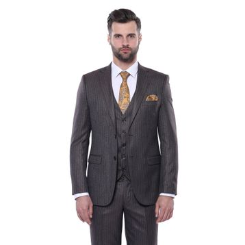 Wessi Çizgili Slim Fit Kahverengi Yelekli Takım Elbise