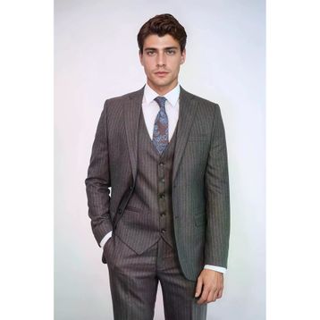 Wessi Çizgili Slim Fit Kahverengi Yelekli Takım Elbise