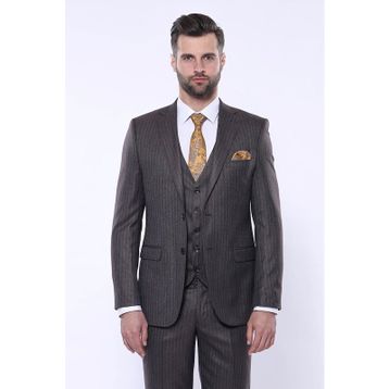 Wessi Çizgili Slim Fit Kahverengi Yelekli Takım Elbise