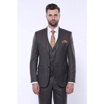 Wessi Çizgili Slim Fit Kahverengi Yelekli Takım Elbise