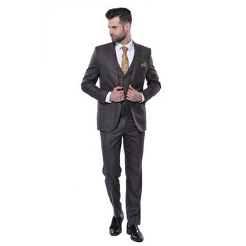 Wessi Çizgili Slim Fit Kahverengi Yelekli Takım Elbise