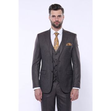 Wessi Çizgili Slim Fit Kahverengi Yelekli Takım Elbise