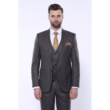 Wessi Çizgili Slim Fit Kahverengi Yelekli Takım Elbise