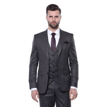Wessi Çizgili Slim Fit Siyah Yelekli Takım Elbise