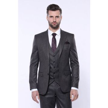Wessi Çizgili Slim Fit Siyah Yelekli Takım Elbise