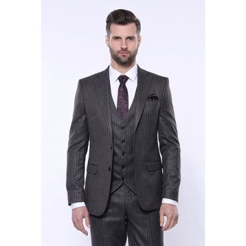 Wessi Çizgili Slim Fit Siyah Yelekli Takım Elbise