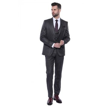 Wessi Çizgili Slim Fit Siyah Yelekli Takım Elbise
