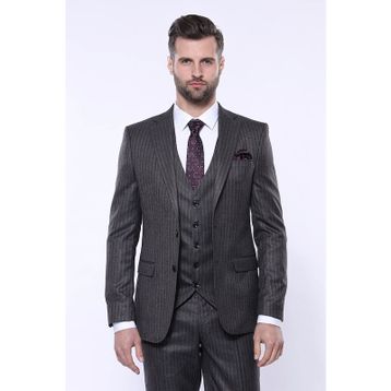 Wessi Çizgili Slim Fit Siyah Yelekli Takım Elbise