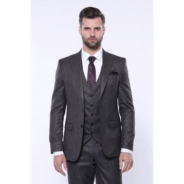 Wessi Çizgili Slim Fit Siyah Yelekli Takım Elbise
