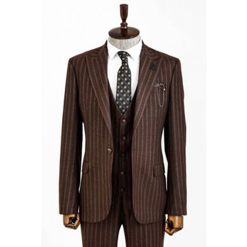 Wessi Çizgili Yelekli Kahverengi Slim Fit Erkek Takım Elbise
