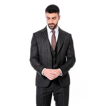 Wessi Çizgili Yelekli Siyah Slim Fit Erkek Takım Elbise