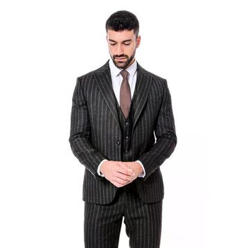 Wessi Çizgili Yelekli Siyah Slim Fit Erkek Takım Elbise