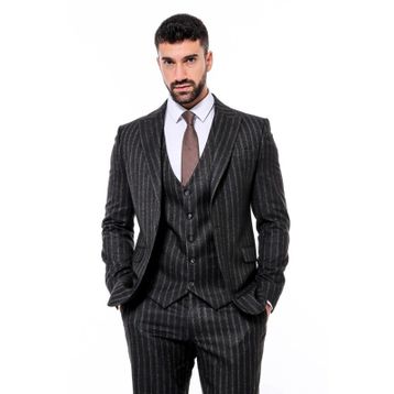 Wessi Çizgili Yelekli Siyah Slim Fit Erkek Takım Elbise
