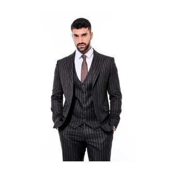 Wessi Çizgili Yelekli Siyah Slim Fit Erkek Takım Elbise