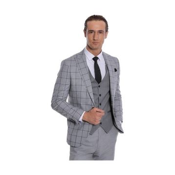 Wessi Ekose Ceketli Desenli Slim Fit Gri Erkek Takım Elbise