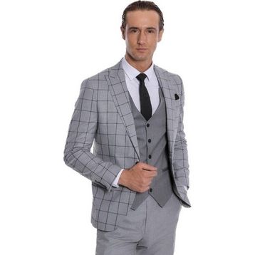 Wessi Ekose Ceketli Desenli Slim Fit Gri Erkek Takım Elbise