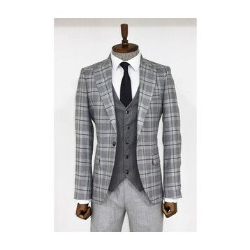 Wessi Ekose Ceketli Gri Slim Fit Takım Elbise